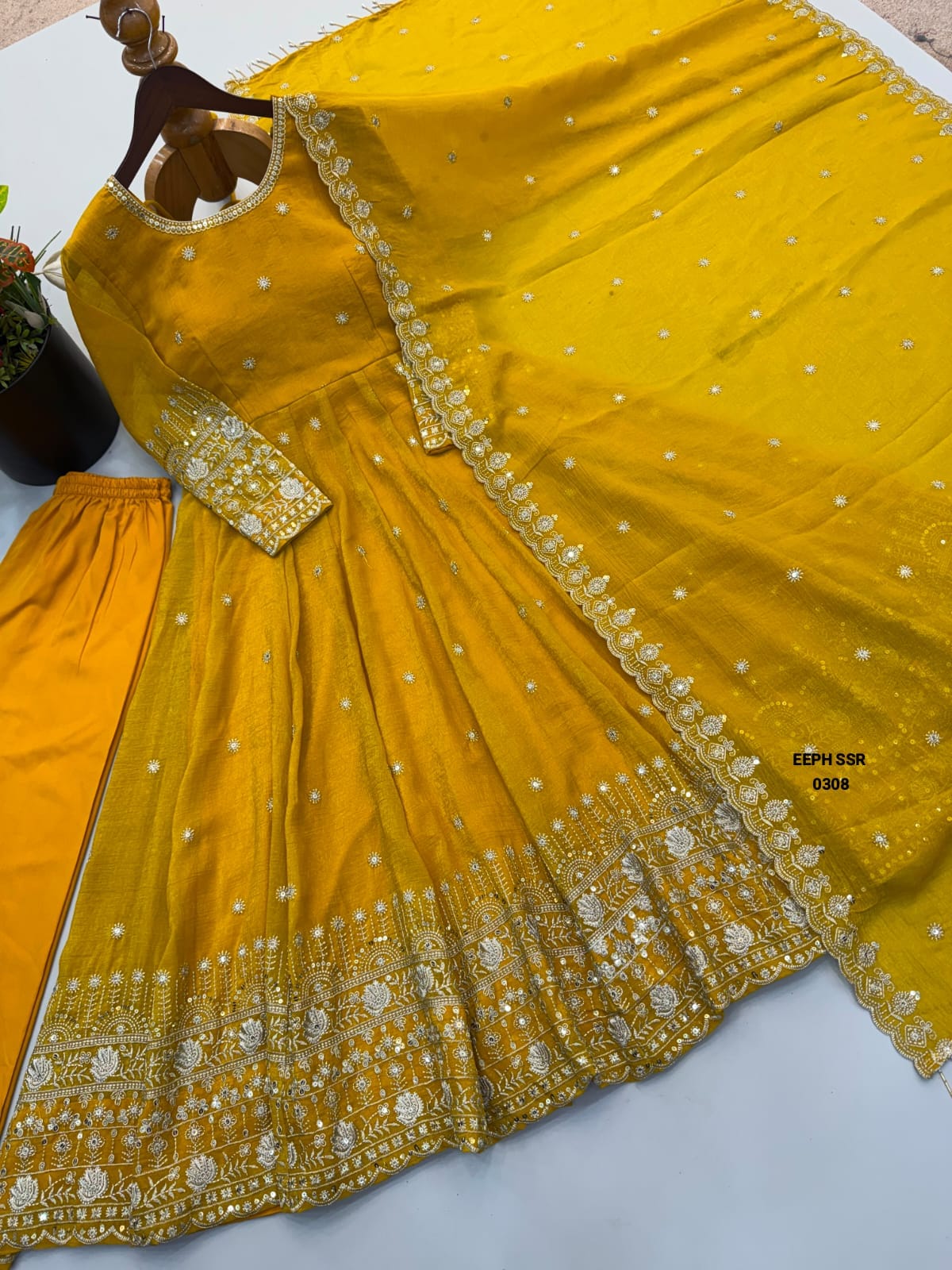 Crunchy Silk Embroidered Sequence Work Anarkali Salwar Set